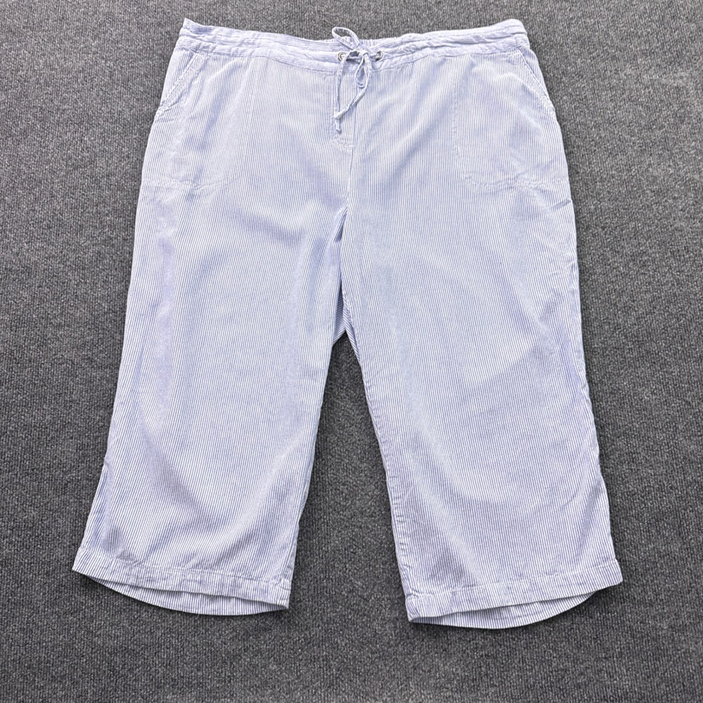 Per Se Seersucker Capri Pants Womens 2X Blue White Striped Relaxed Nautical